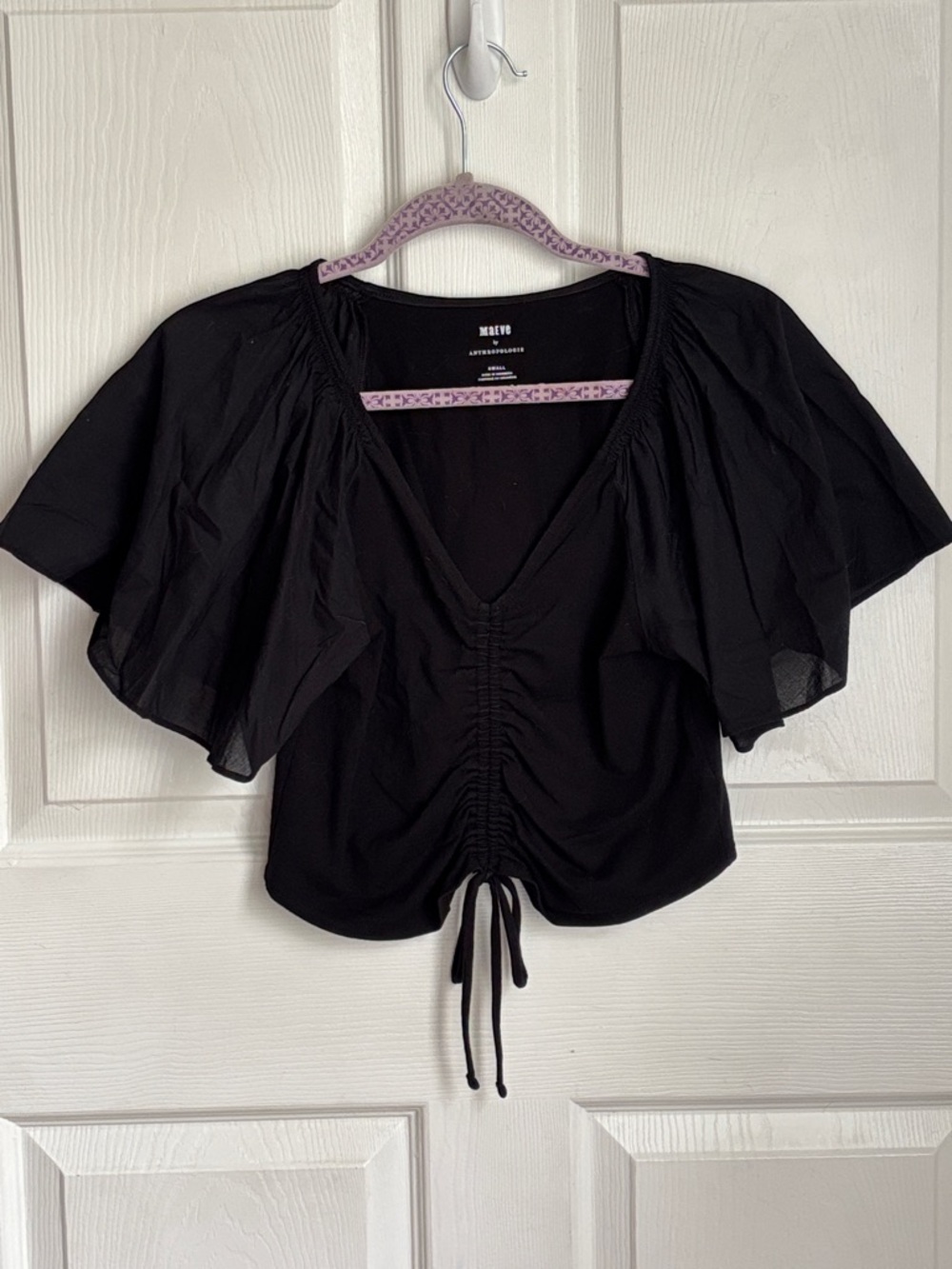 Anthropologie Maeve Black Cropped Ruched V‑Neck Flutter Sleeve Top Size Small